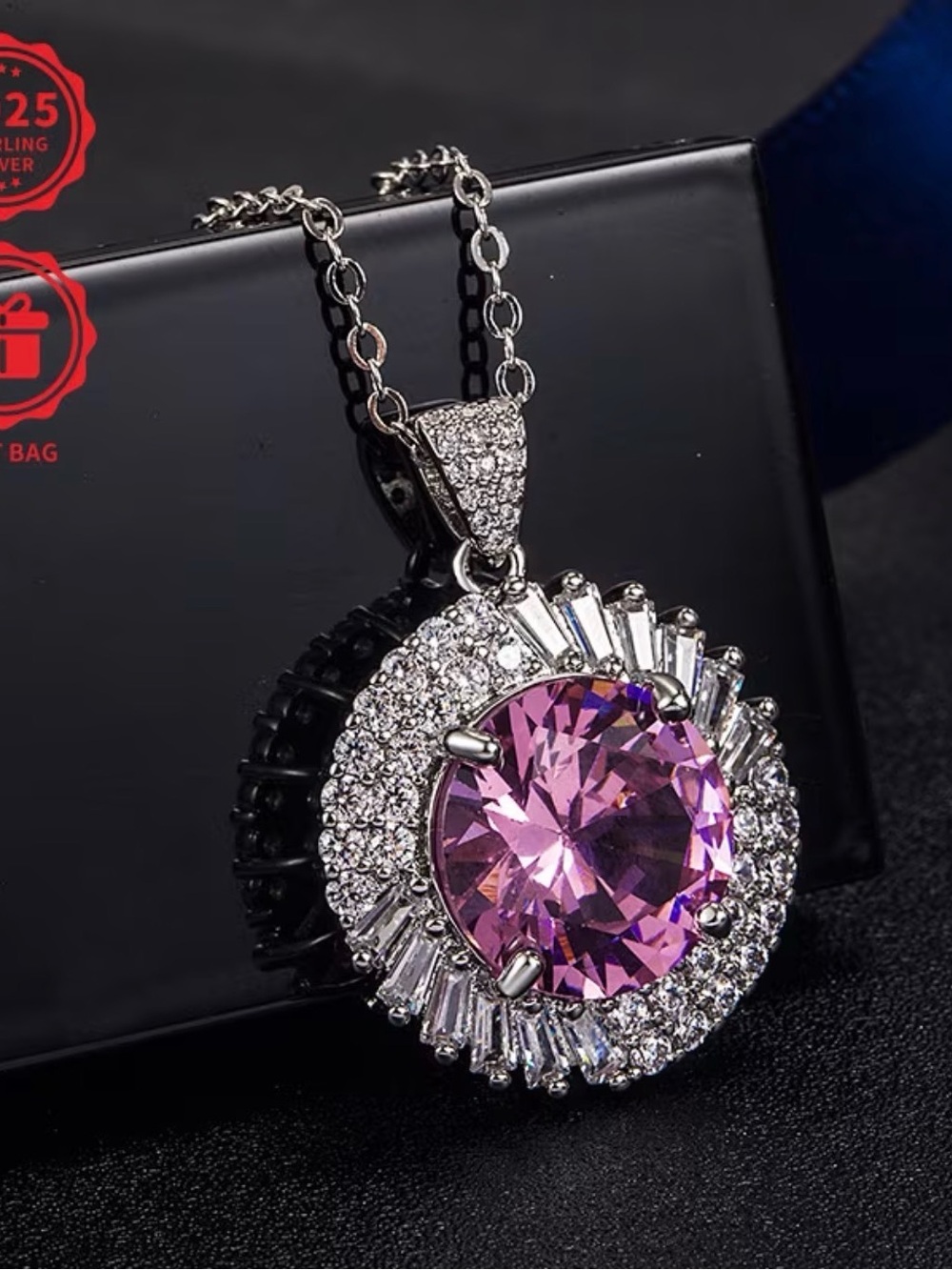 Silver Necklace with Purple Crystal Halo Pendant - Picture 3 of 5